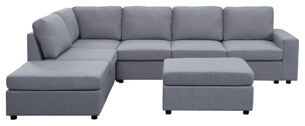 Cassia Light Gray Linen 7 Seat Reversible Modular Sectional Sofa with Ottoman
