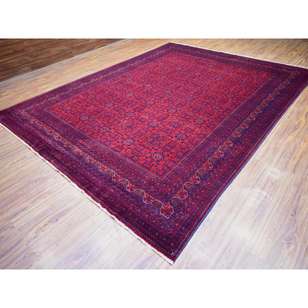 Red Hand Knotted Soft Shiny Wool Afghan Khamyab Geometric Design Rug, 10'x12'10"