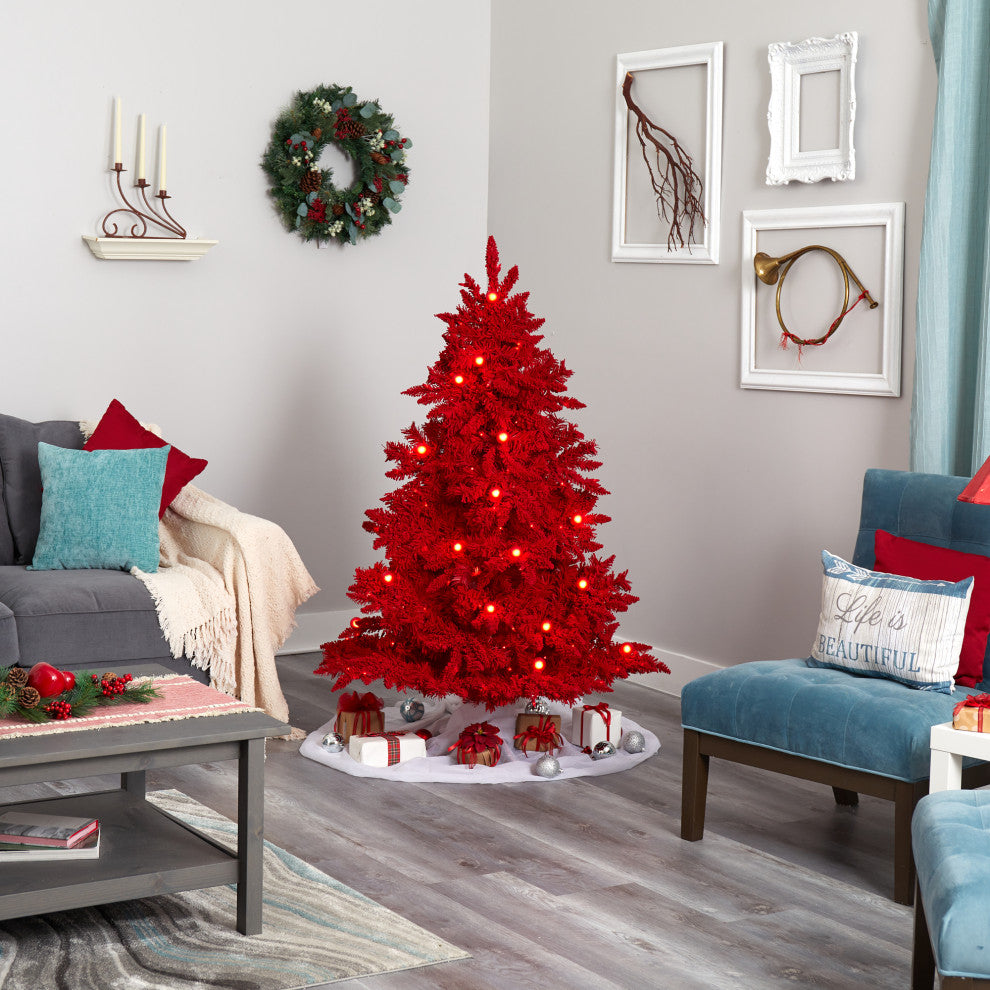 5' Red Flocked Fraser Fir Christmas Tree / 250 Red Lights, 26 Globe Bulbs
