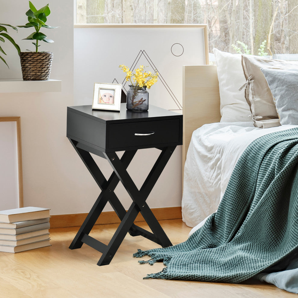 Nightstand x-Shape Drawer Accent Side End Table Modern Home Furniture Black