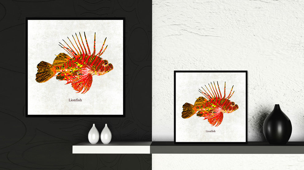 Lionfish Animal White Print on Canvas with Picture Frame, 15"x15"