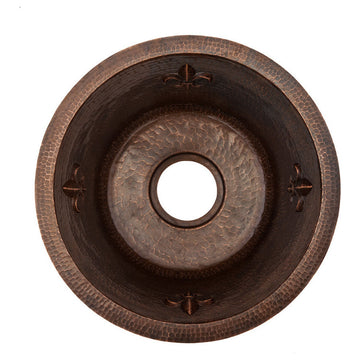 16" Round Copper Prep Sink With Fleur De Lis and 3.5" Drain Opening