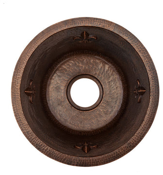 16" Round Copper Prep Sink With Fleur De Lis and 3.5" Drain Opening