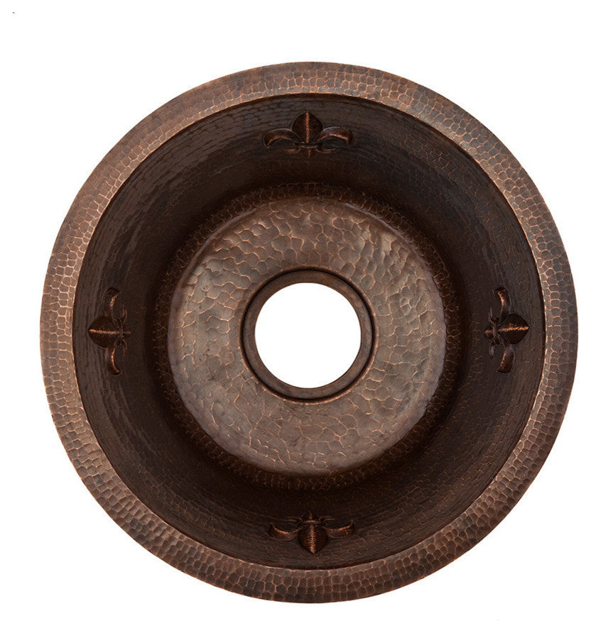 16" Round Copper Prep Sink With Fleur De Lis and 3.5" Drain Opening