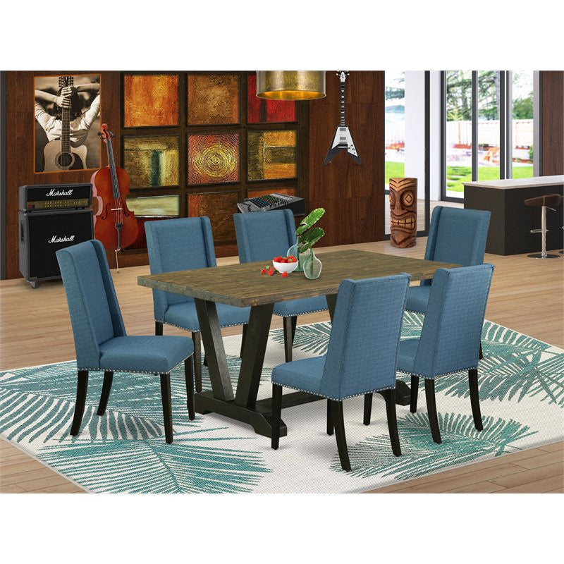 East West Furniture V-Style 7-piece Wood Dining Table Set in Black