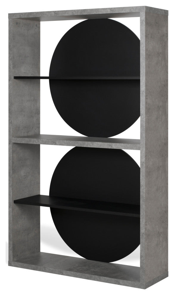 Zero Contemporary Unique Wood Book Shelf Display, Faux-Concrete/Pure Black