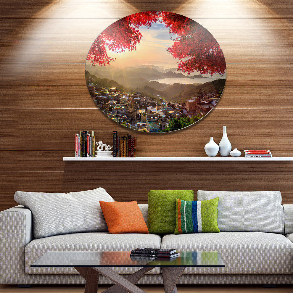 Taiwan Township With Red Trees, Landscape Round Wall Art, 36"