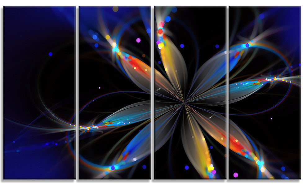 Abstract Fractal Flower on Black, Floral Canvas Print, 48"x28", 4 Panels