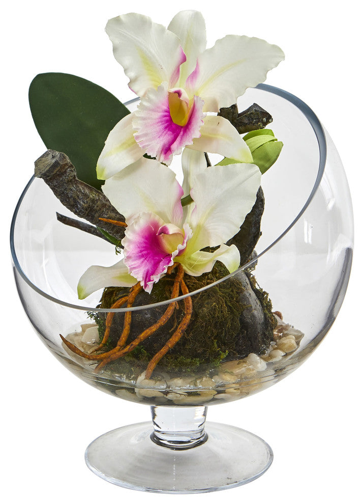 Nearly Natural Mini Orchid Cattleya Artificial Arrangement Pedestal Vase White