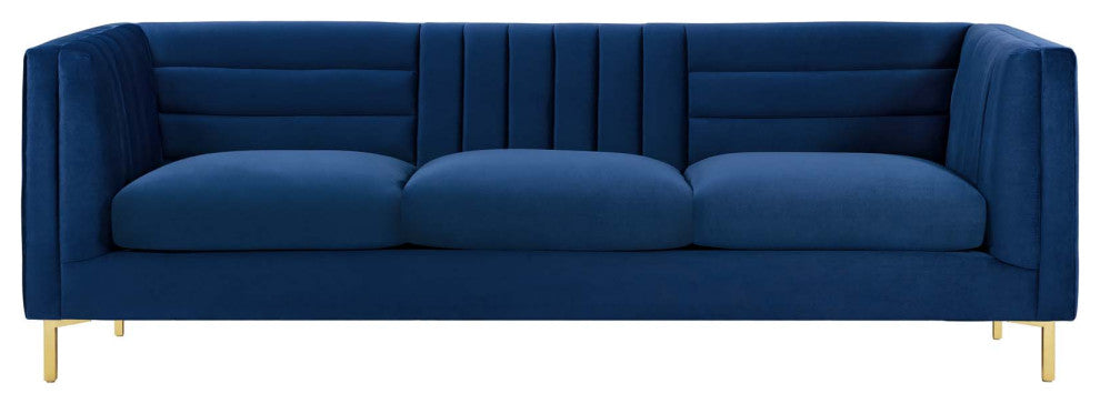 Modern Designer Lounge Lobby Sofa, Velvet Fabric Metal Steel, Navy Blue