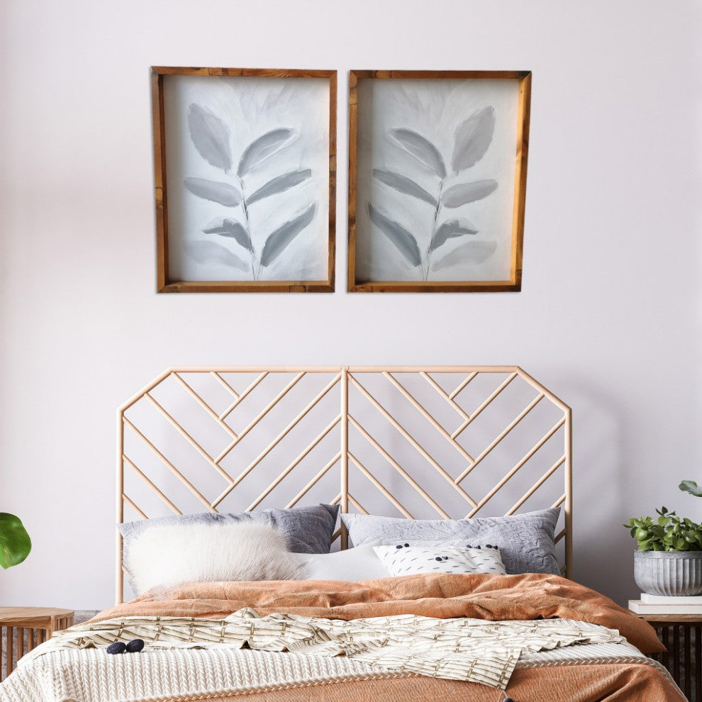 Set of Two Modern Blue Gray Leaves Framed Canvas Wall Art