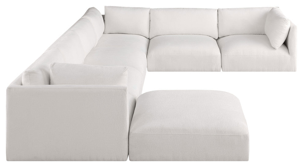 Ease Polyester Upholstered U-Shaped Modular Sectional, Cream, 6 Piece: 3 Corner, 3 Armless, 1 Ottoman
