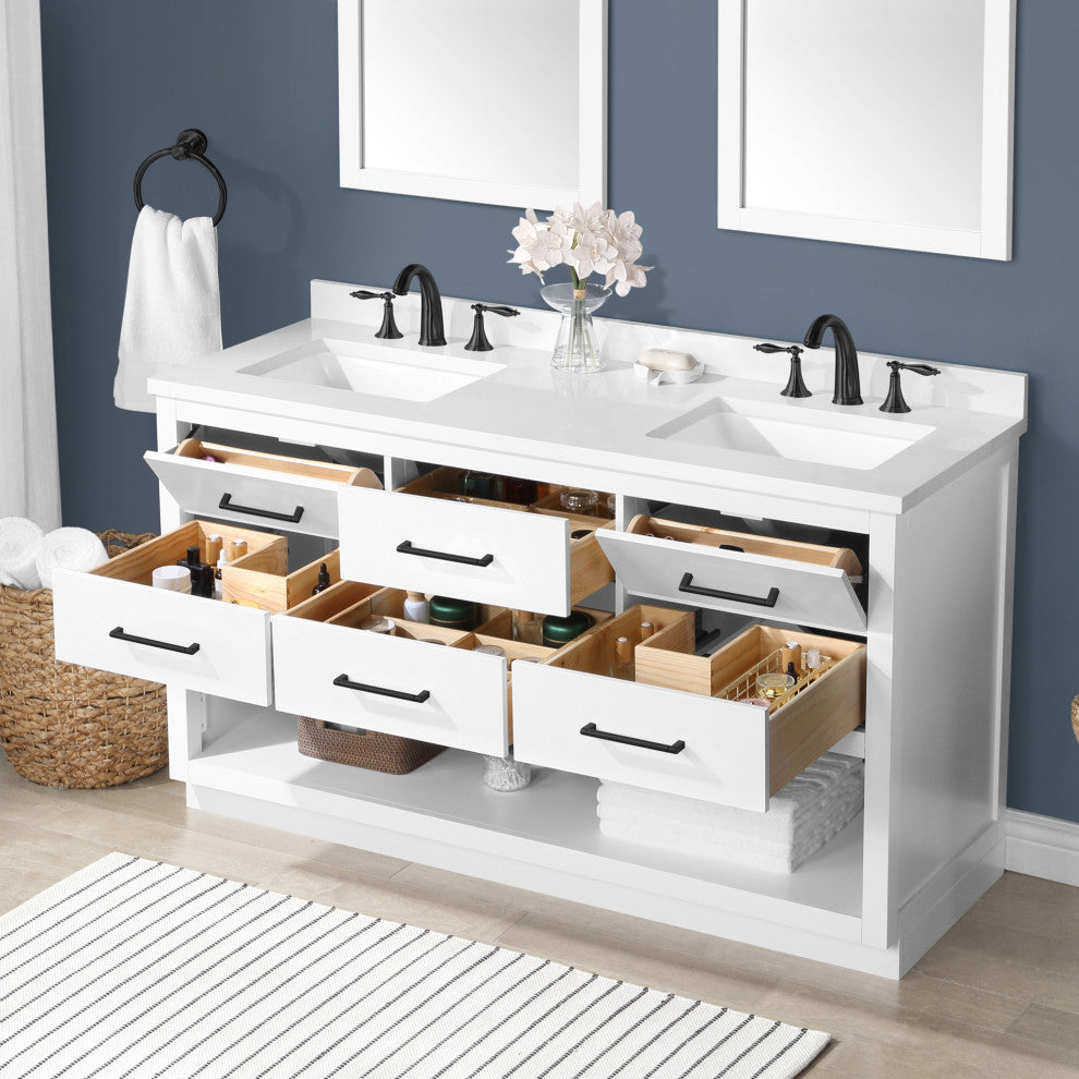 Ove Decors Rider 60" Double Sink Bathroom Vanity, White With Black Hardware