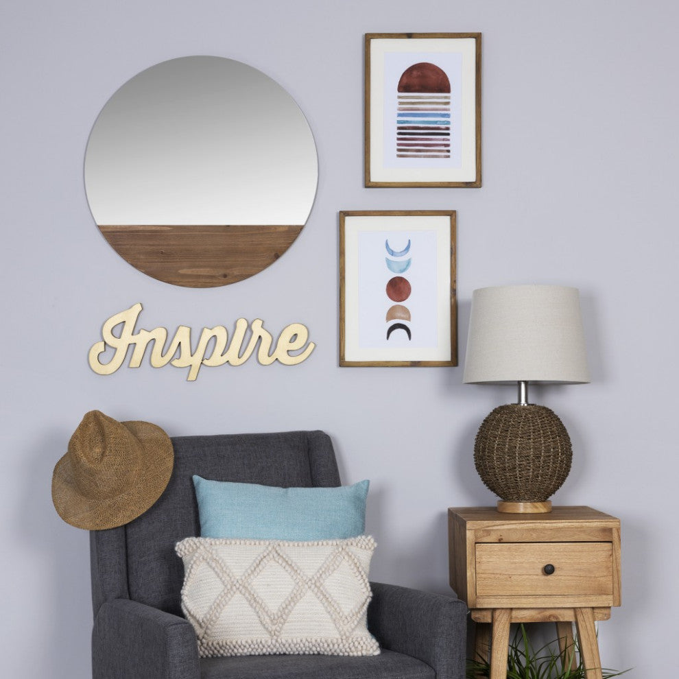 Contemporary Round Wall Mirror With Wooden Detailing