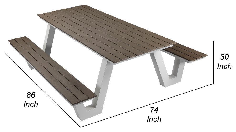Benzara BM287776 Picnic Table, Smooth Gray Polyresin Slats, Aluminum Frame