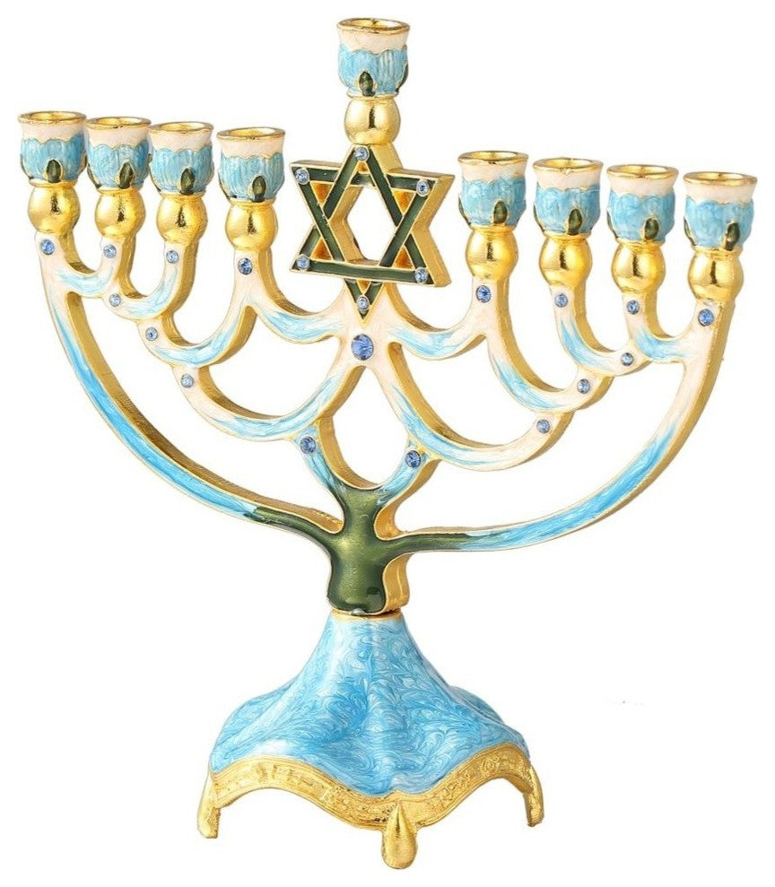 Hand Painted Enamel Menorah Candelabra with a Star of David Design