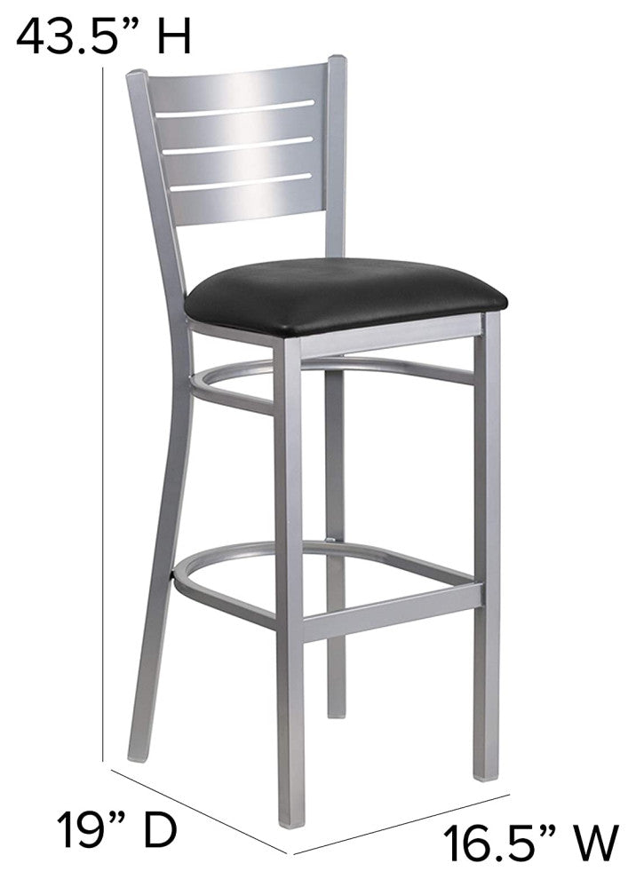 Set of 2 Bar Stool, Silver Metal Frame With Ladder Backrest, Black Vinyl Seat
