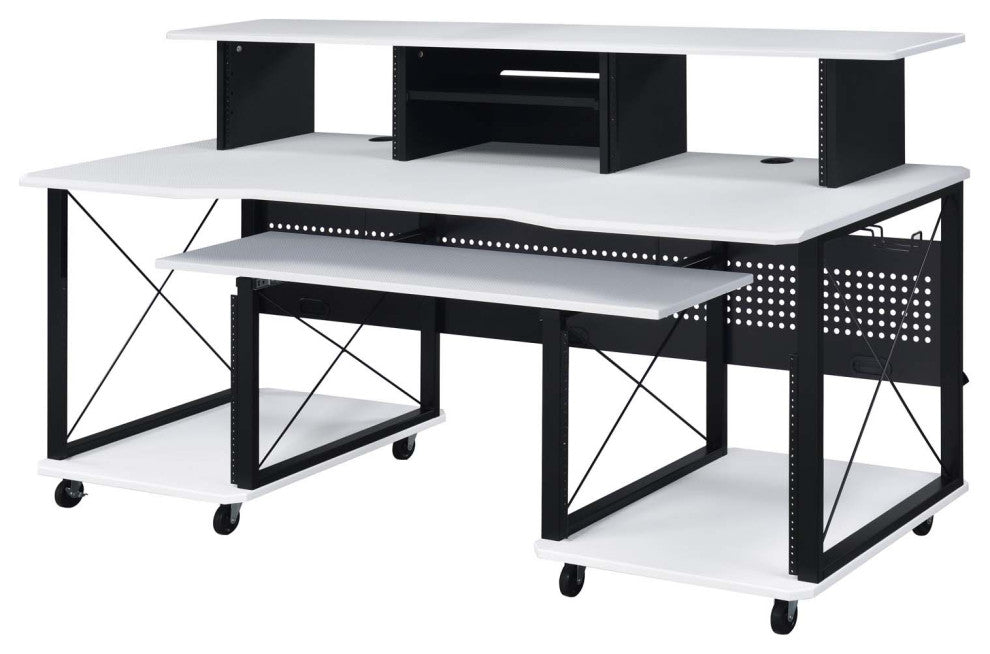 Rectangular Music Desk Table With Wheels, White and Black
