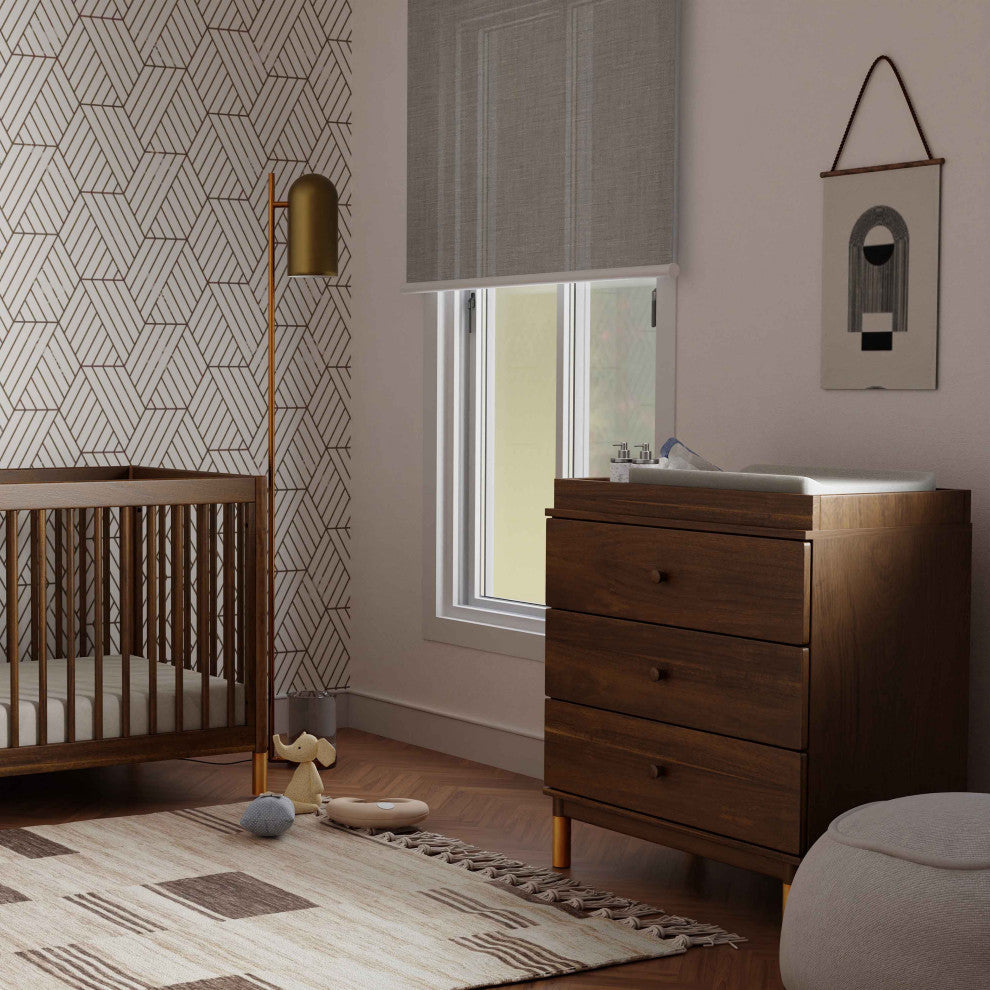 Gelato 3-Drawer Changer Dresser With Removable Changing Tray, Natural Walnut & Gold Feet