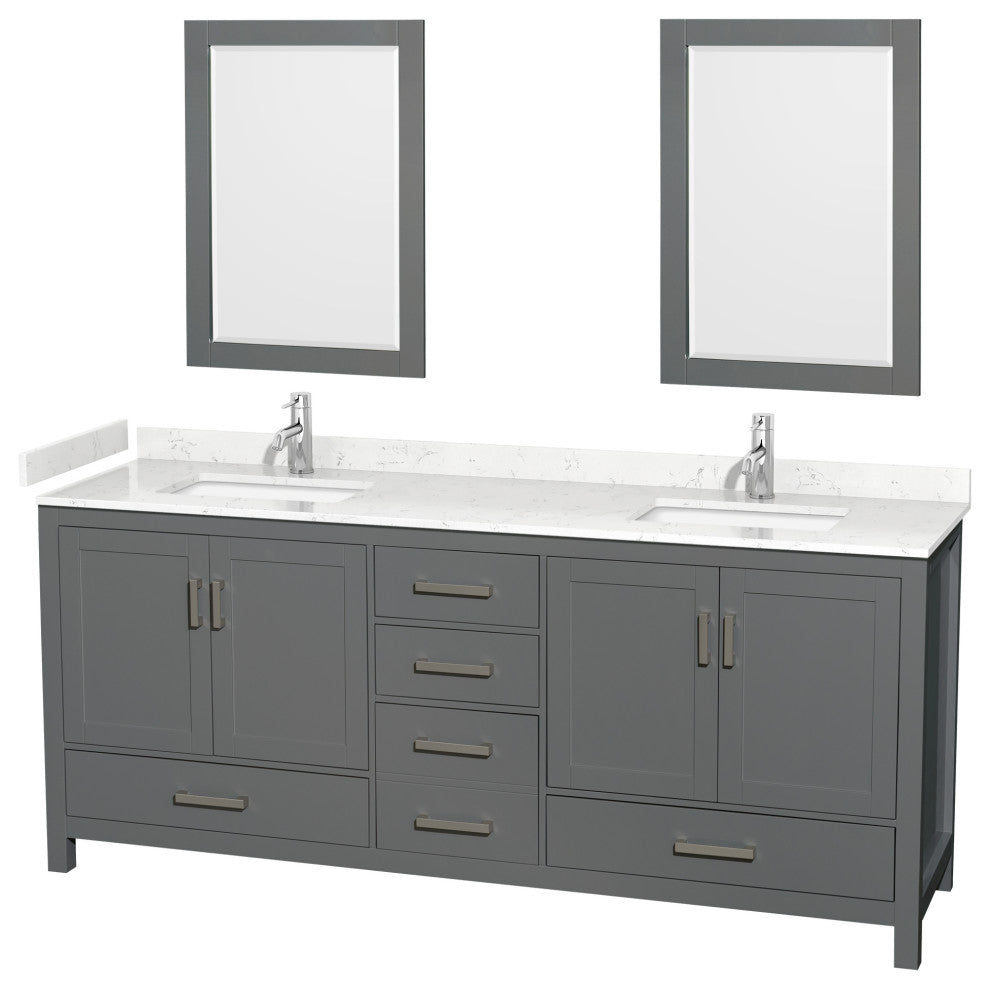 80"DBL Vanity Dark Gray, Carrara Cult. Marble Countertop, Sinks, 24"Mirrors
