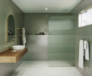 40"x78" Frameless Shower Door, Single Fixed Panel Fluted Radius, Polished Brass, 40" Right