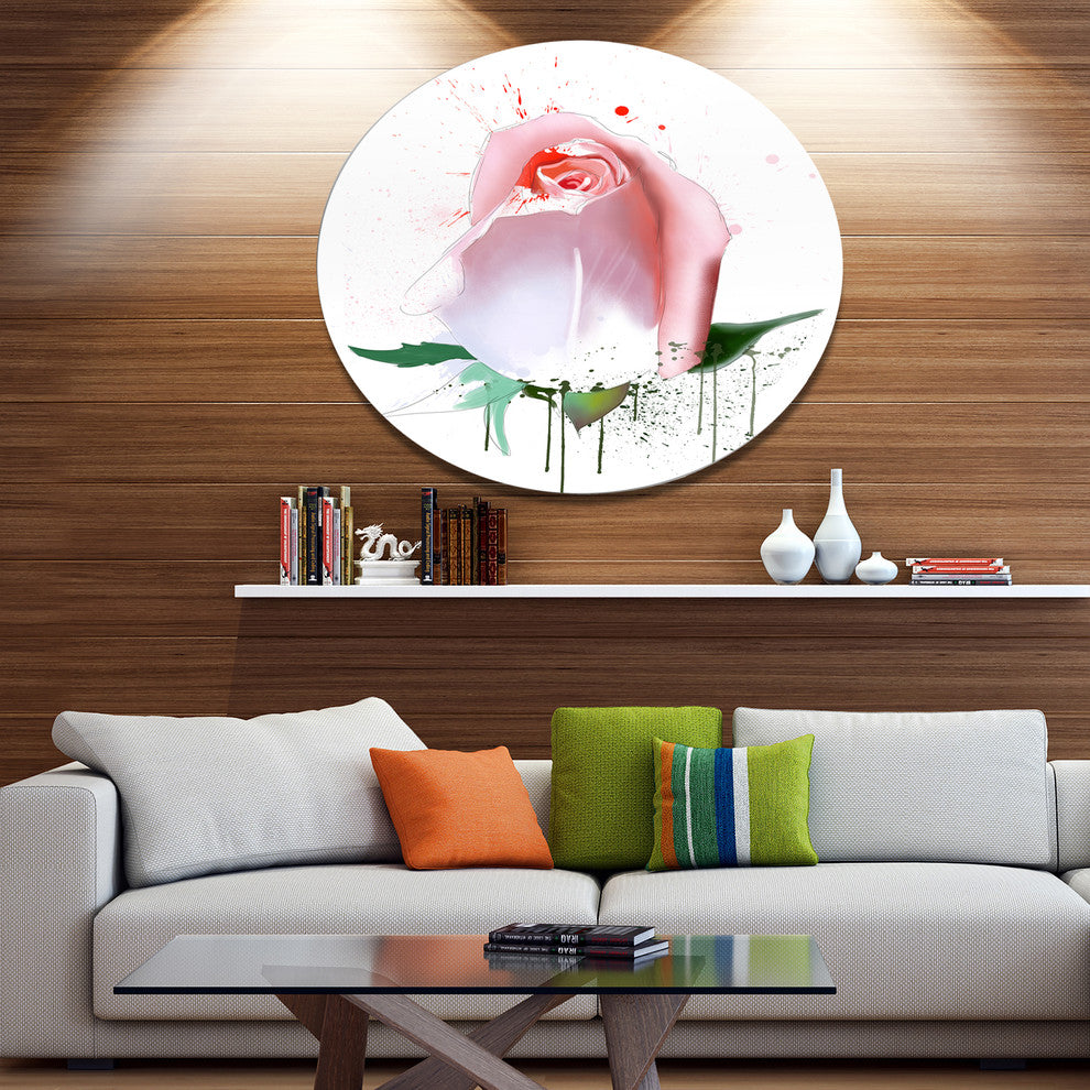 Pink Rose With Paint Splashes, Floral Round Metal Wall Art, 11"