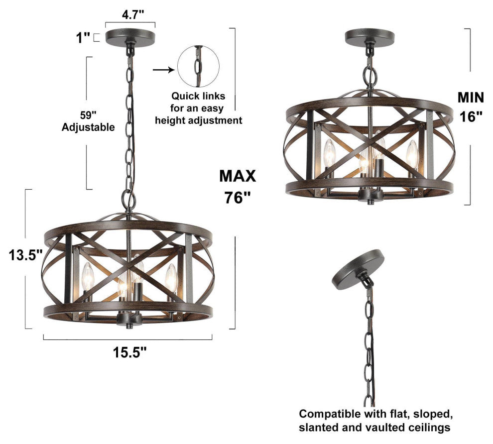 LNC Distressed Farmhouse Drum Cage Chandelier, Black, 4 Lights