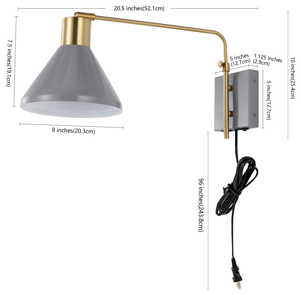 Max Swing Arm 1-Light Modern Midcentury Iron USB Charging Port LED Sconce, Gray