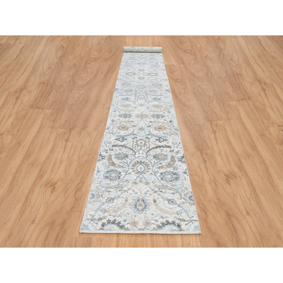 Ivory Silk With Wool Hand Knotted Sickle Leaf Design XL Runner Rug, 2'6"x18'1"