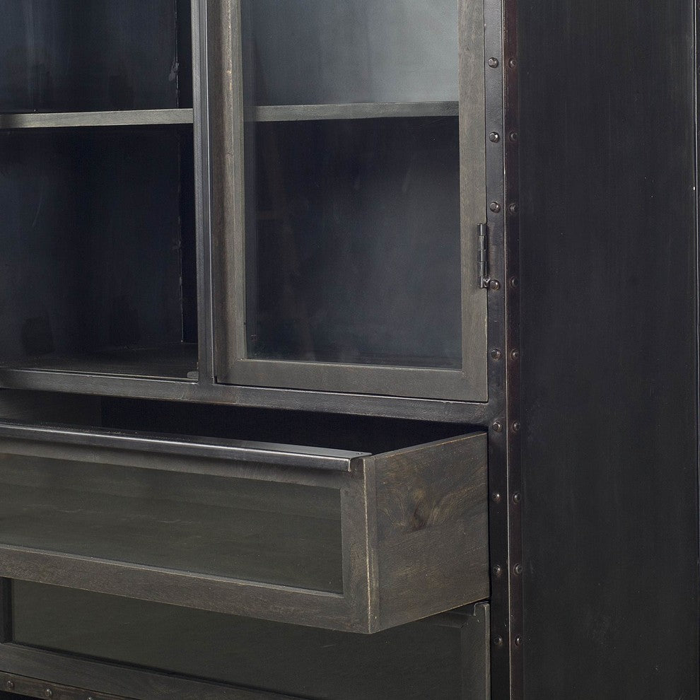 Gehry Dark Brown Metal & Solid Wood w/Glass Doors Arched Display Cabinet