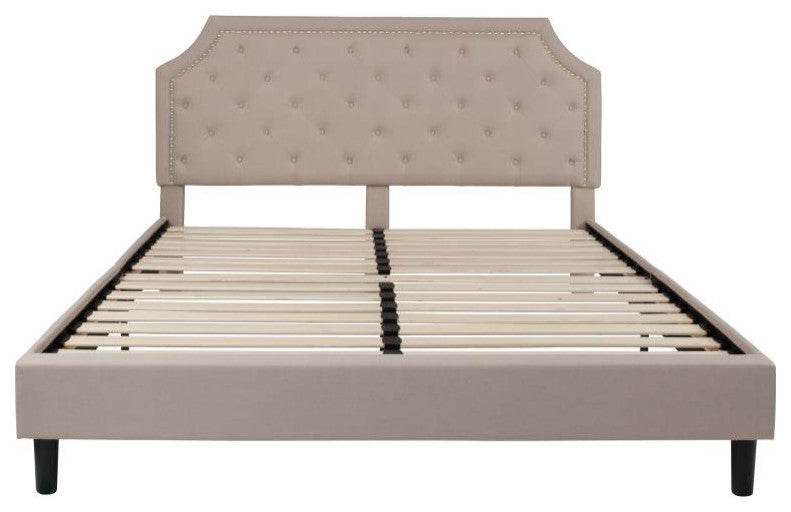 Roxbury Upholstered Platform Bed -10 Inch Foam & Pocket Spring Mattress, Beige With Nail Trim, King