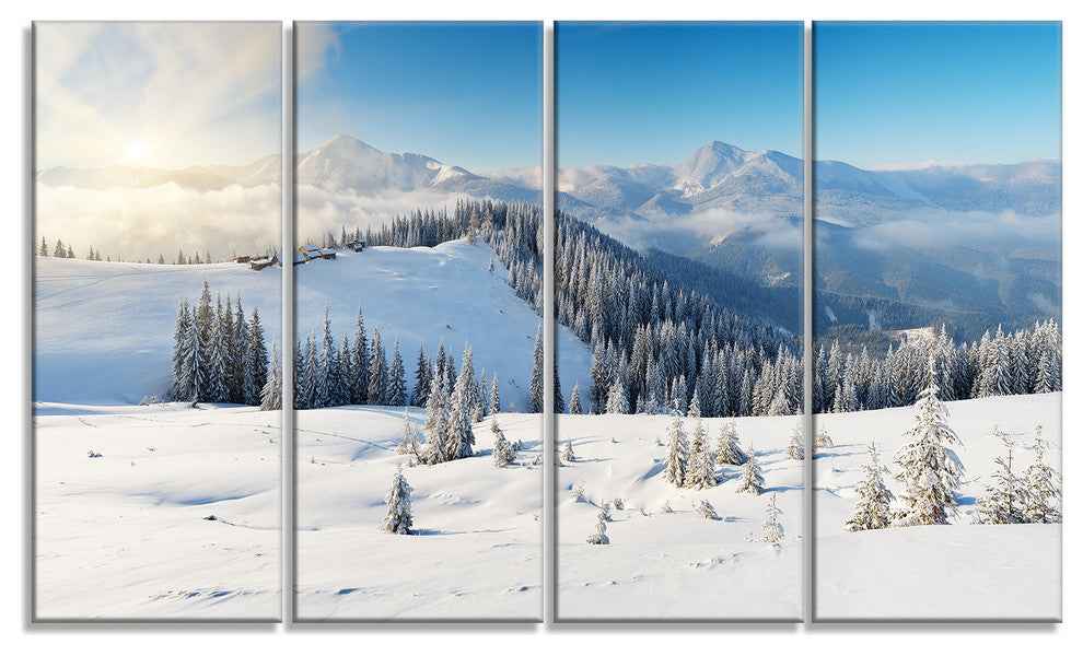 Sunny Morning in Mountains, Landscape Canvas Art Print, 48"x28", 4 Panels