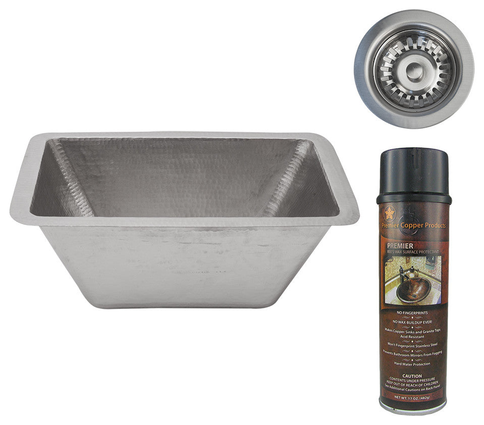 17" Rectangle Copper Prep Sink, Nickel, 3.5" Drain Opening, Drain & Accessories