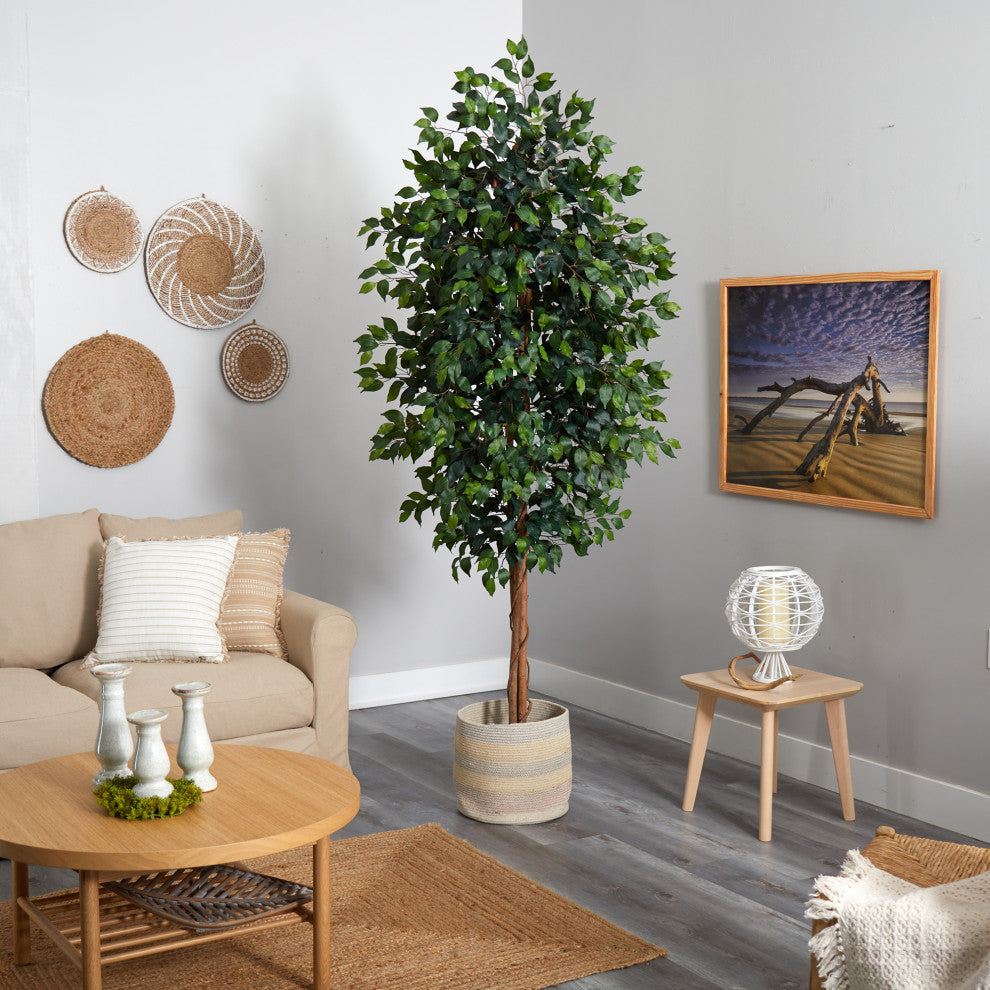8' Ficus Artificial Tree With Handmade Natural Cotton Multicolored Woven Planter