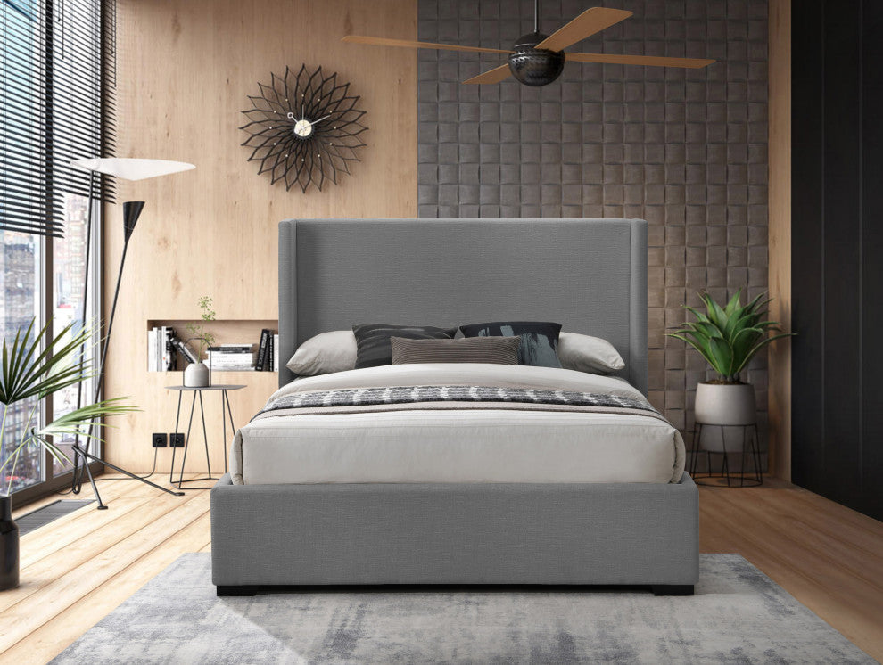 Oxford Linen Textured Fabric Upholstered Bed, Gray, Queen