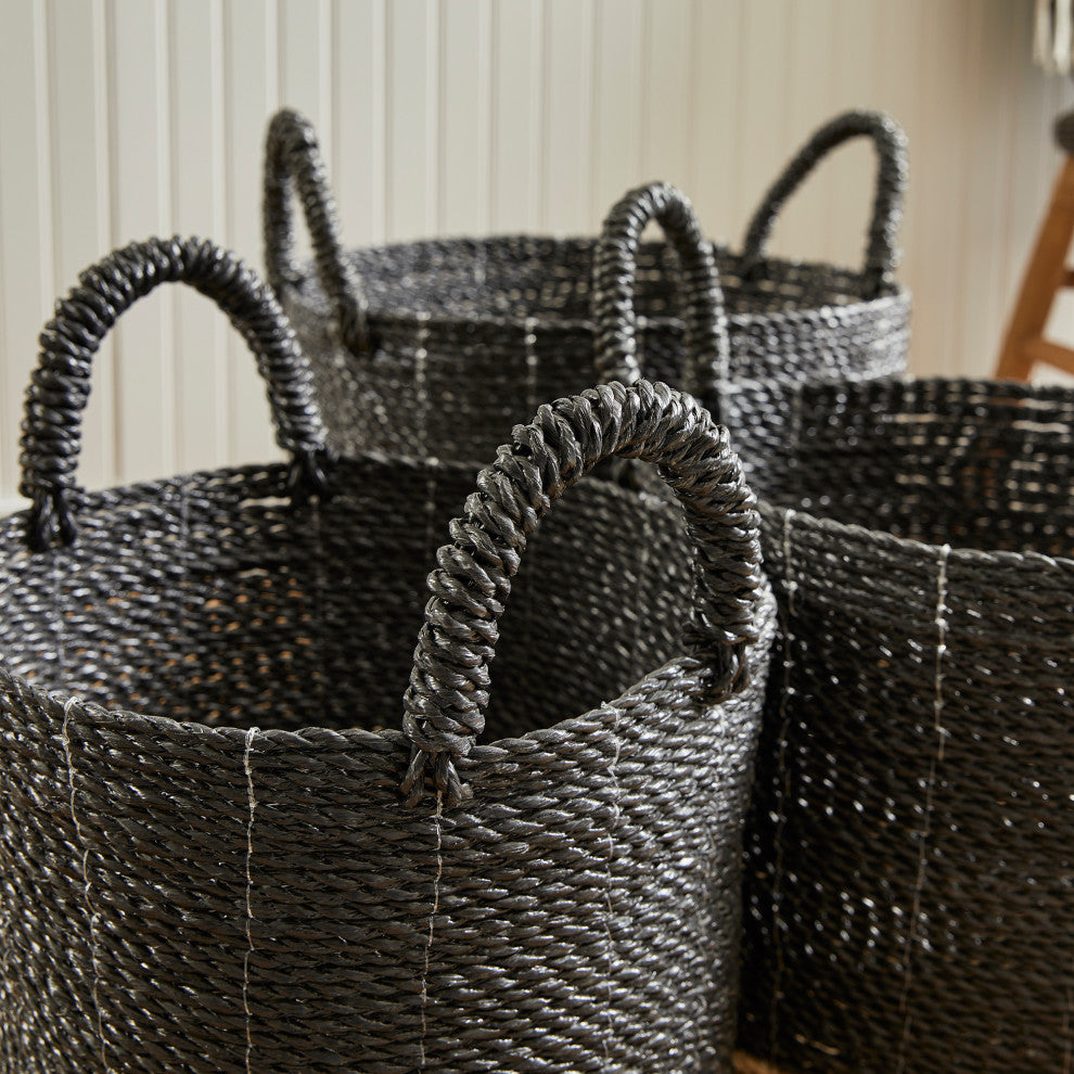 Set of 3 Contemporary Casual Natural Black Round Tote Baskets Handles Large