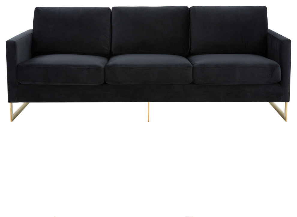 LeisureMod LA83BL Lincoln Midnight Black Mid-Century Velvet Sofa Gold Frame
