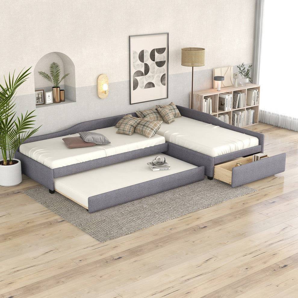 Gewnee Upholstered Double Twin Size Daybed with Trundle and Drawer in Gray