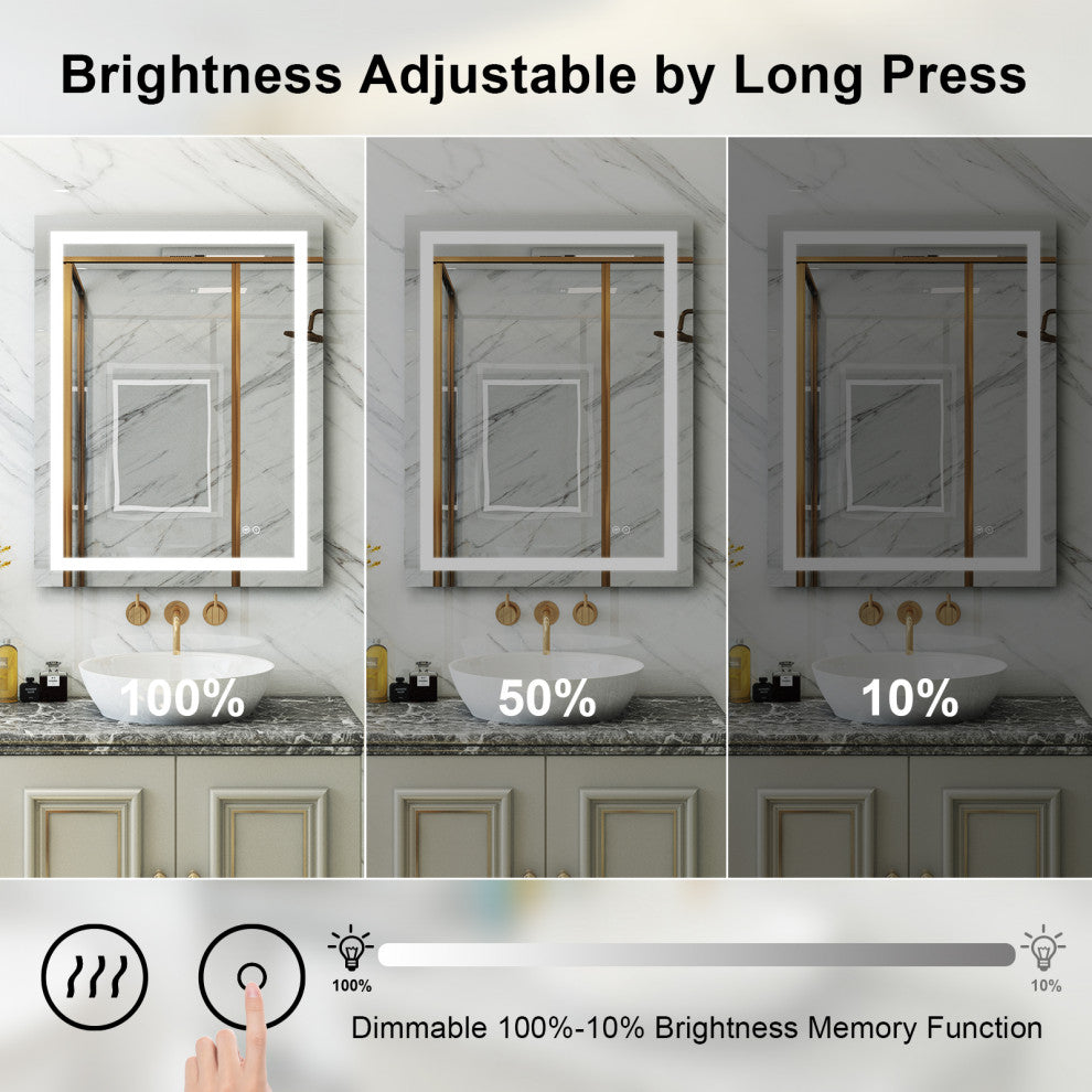 Frameless LED Bathroom Vanity Mirror With Defogger Dimmer, 28"x36"