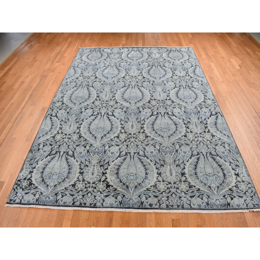 Goose Gray Pure Silk With Wool Tulip Flower Design Hand Knotted Rug 9'x12'2"