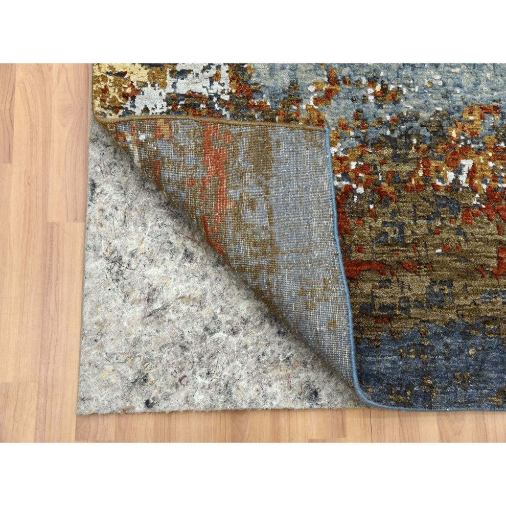 Black Coral Abstract Design Natural Wool Hand Knotted Wide Runner Rug, 4'x10'