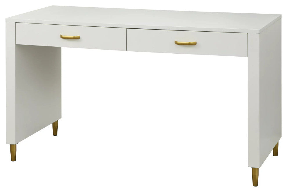 Mid Century Modern Desk, Rectangular Top & 2 Drawers With Golden Pull Handles