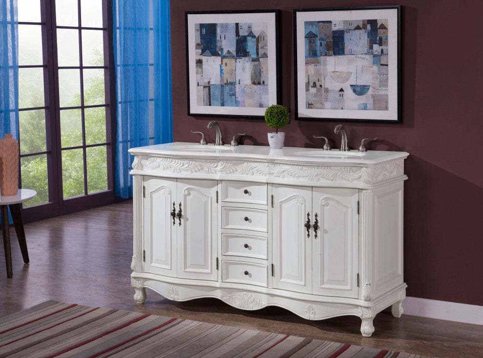 60" Double Bathroom Vanity, with Ivory White Engineered Marble in Antique White