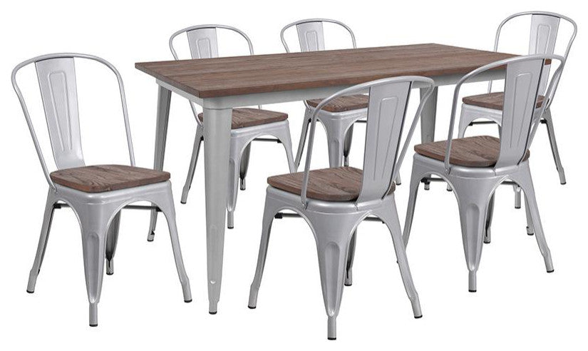 30.25" x 60" Silver Metal Table Set with Wood Top and 6 Stack Chairs