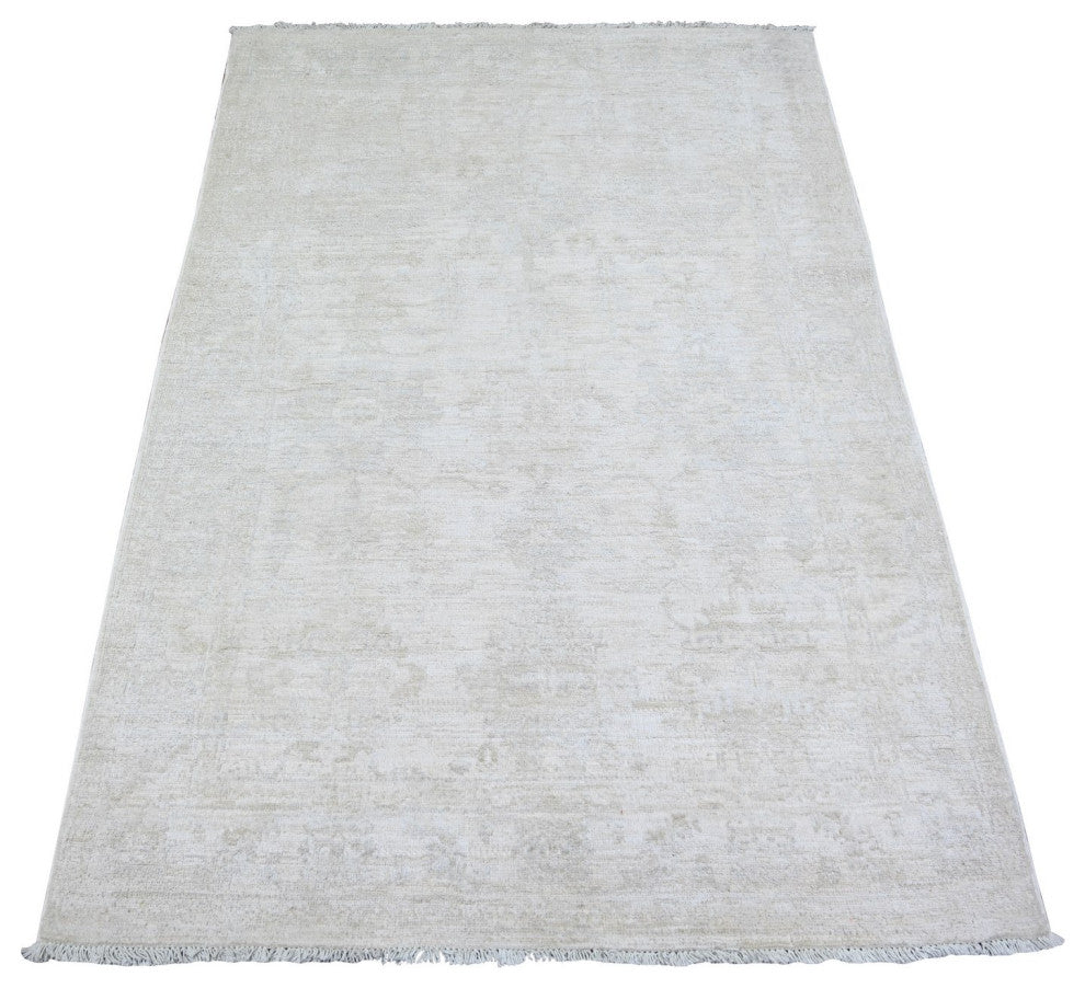 Daisy White Wool Hand Knotted Washed Out Peshawar Oriental Rug, 3'10"x5'10"