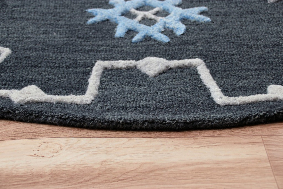 7" Round Charcoal Geometric Border Area Rug