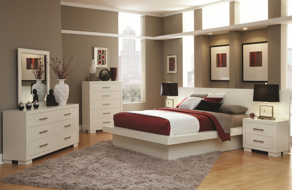 Coaster Jessica Queen Platform Bed With Rail Seating and Lights, White
