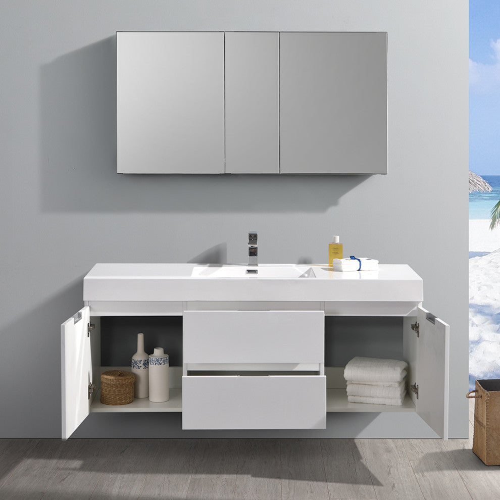 Valencia Wall Hung Bathroom Vanity, Medicine Cabinet, Glossy White, 60"
