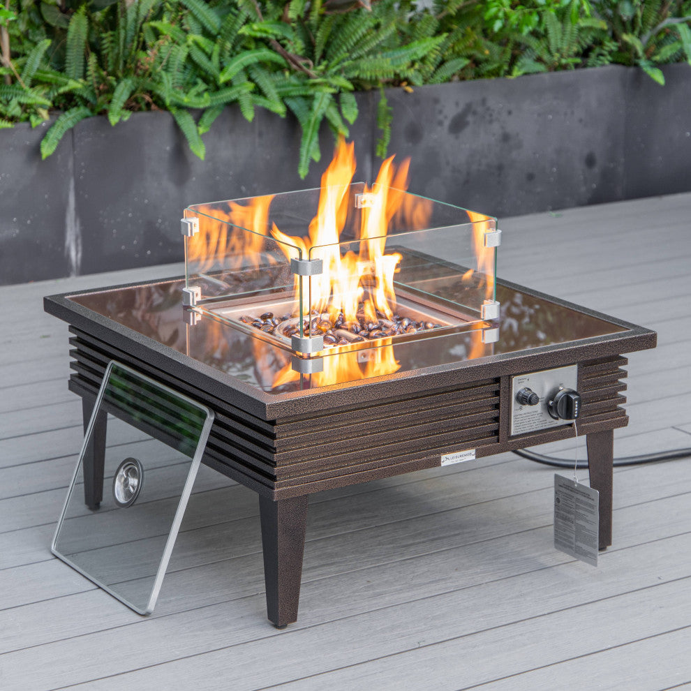 LeisureMod Walbrooke Square Fire Pit Table and Tank Holder With Slats, Brown