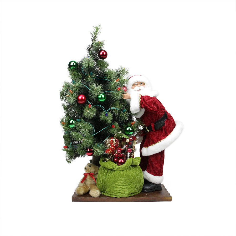 Battery Operated LED Santa Claus With Tree and Gift Bag Figure on Wooden, 30"